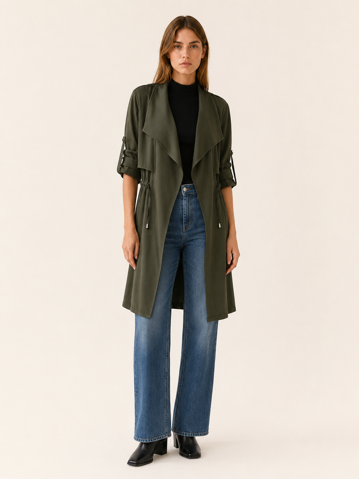 Camille™ | Short Trench with Drape Collar and Drawstring