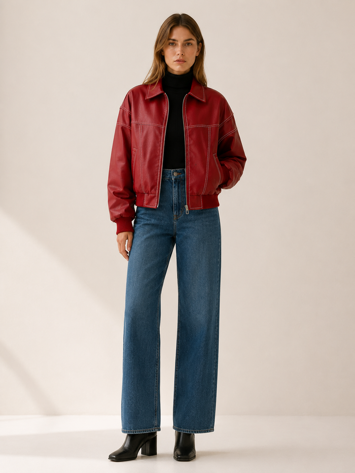 Carys™ | Faux Leather Bomber Jacket with Contrast Stitching, Red
