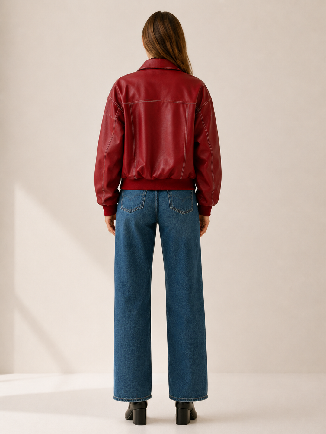 Carys™ | Faux Leather Bomber Jacket with Contrast Stitching, Red