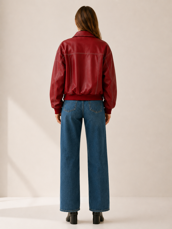Carys™ | Faux Leather Bomber Jacket with Contrast Stitching, Red