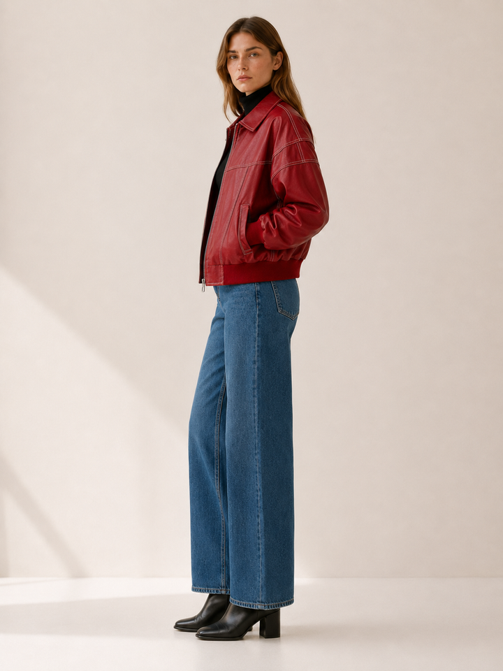 Carys™ | Faux Leather Bomber Jacket with Contrast Stitching, Red