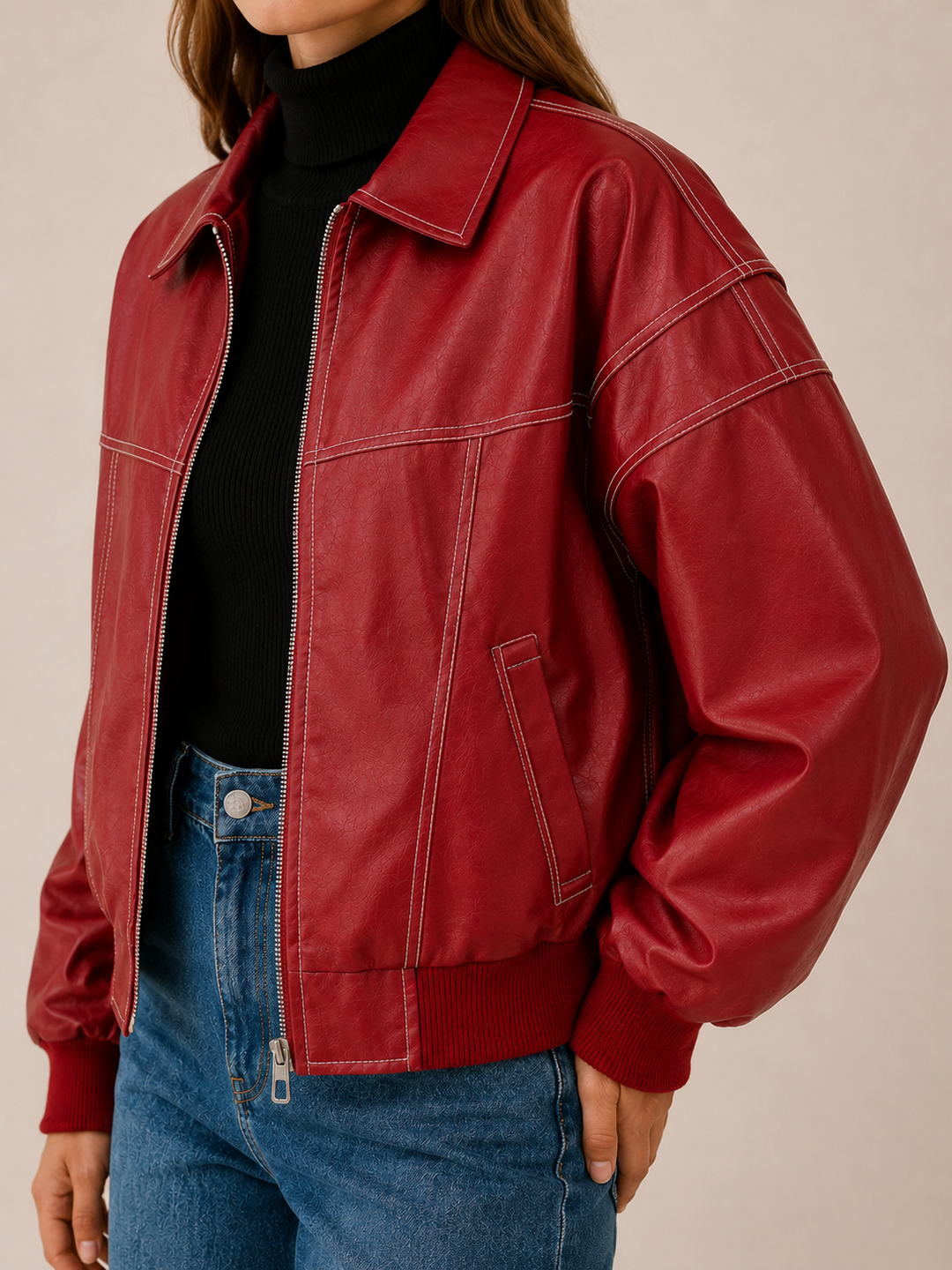 Carys™ | Faux Leather Bomber Jacket with Contrast Stitching, Red