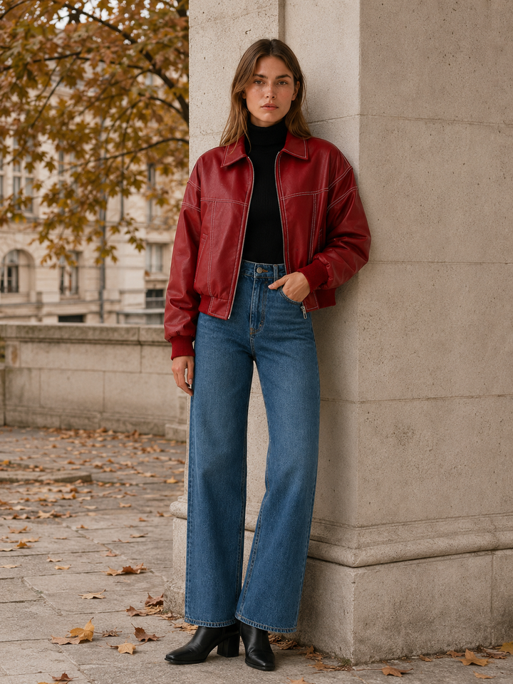 Carys™ | Faux Leather Bomber Jacket with Contrast Stitching, Red