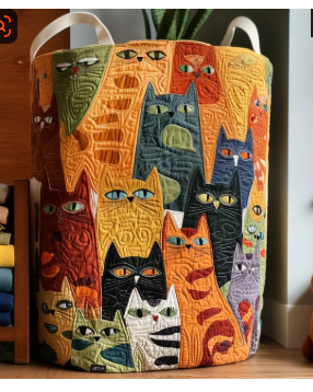 Folk Art Cat Crowd Laundry Basket – Quilted Collapsible Fabric Storage Hamper with Handles