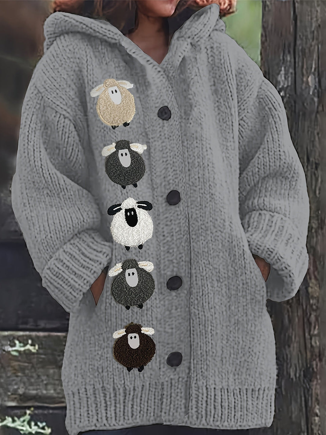 Rosetta™ | Women's Chunky Knit Hooded Cardigan with Sheep Detail