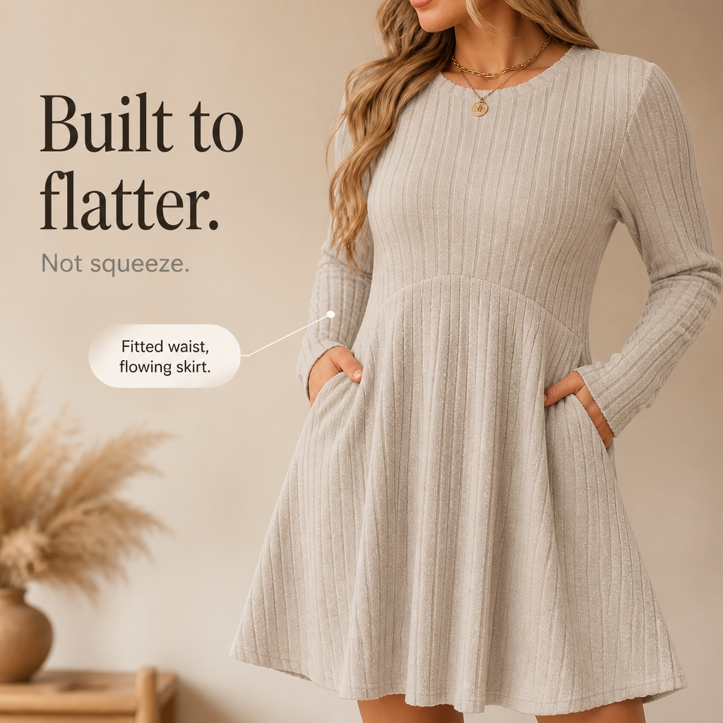 Prudence™ | Women's Ribbed Knit A-Line Midi Dress with Pockets