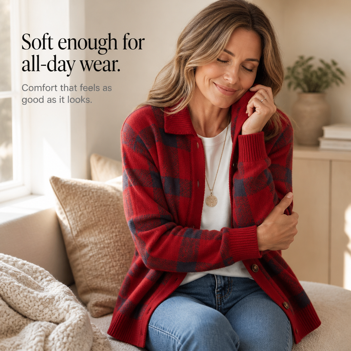 Laurine™ | Women's Plaid Knit Cardigan with Lapel Collar and Button Front