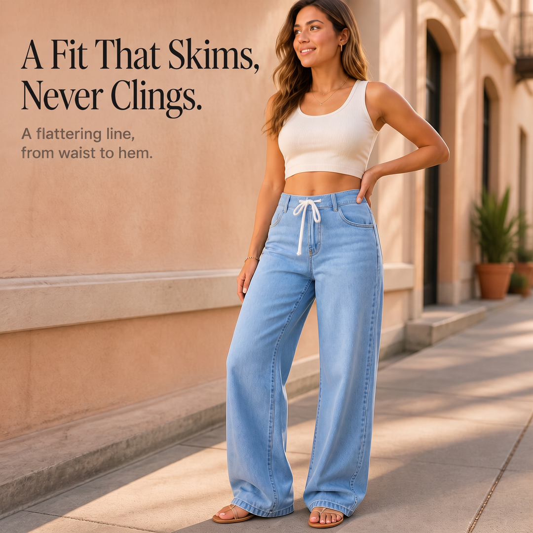Albane™ | Women's High Waisted Wide Leg Jeans with Drawstring Waist