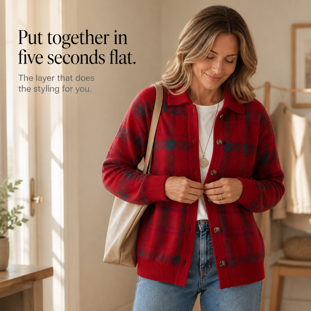 Laurine™ | Women's Plaid Knit Cardigan with Lapel Collar and Button Front