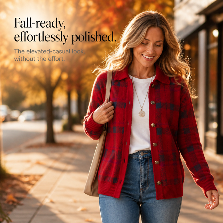Laurine™ | Women's Plaid Knit Cardigan with Lapel Collar and Button Front