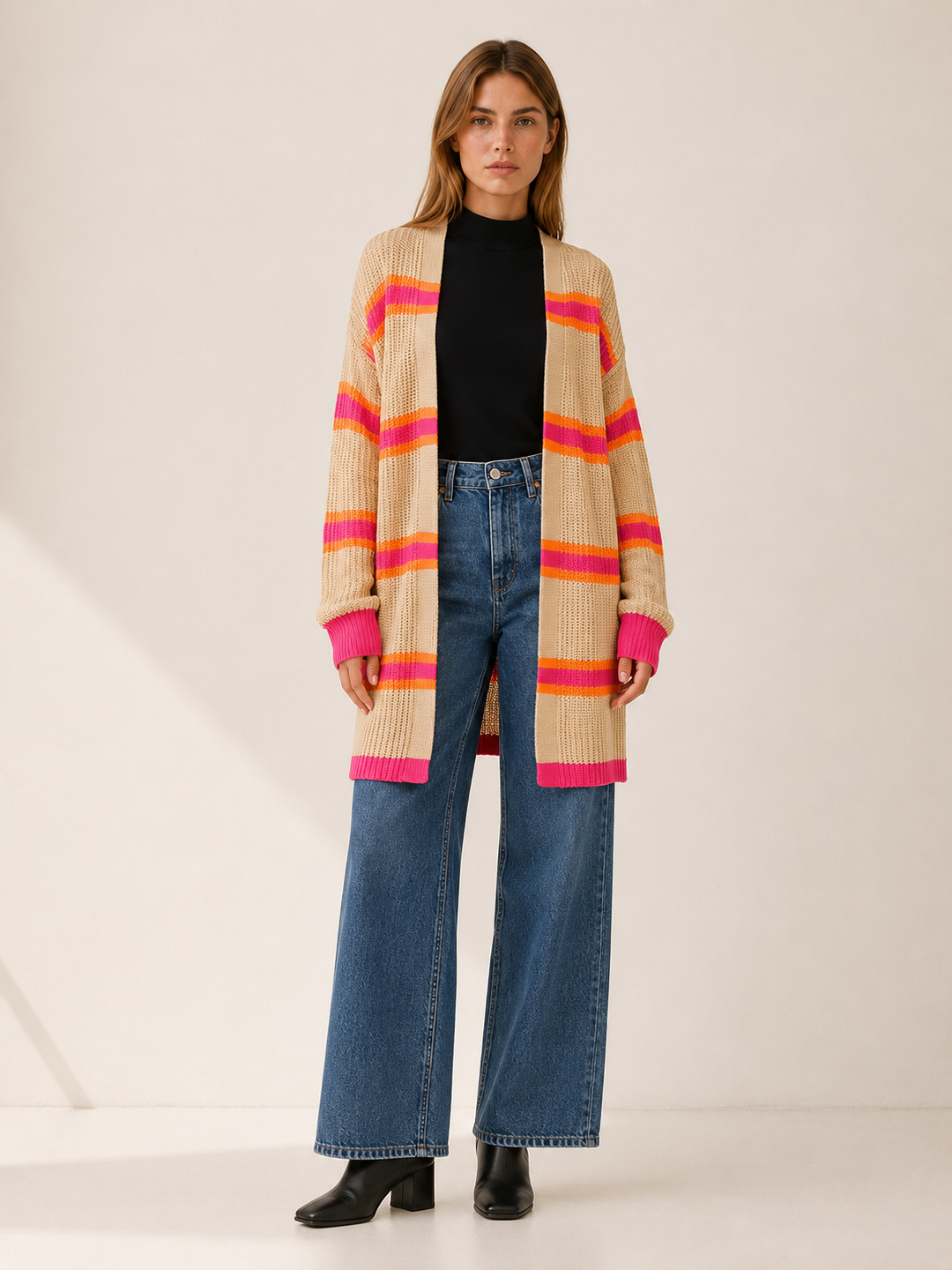 Claudine™ | Striped Open-Front Longline Cardigan