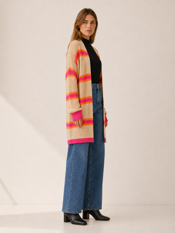 Claudine™ | Striped Open-Front Longline Cardigan