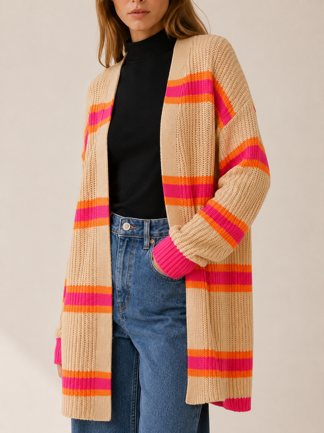 Claudine™ | Striped Open-Front Longline Cardigan