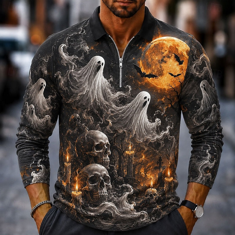 Osric™ | Men's Halloween Pumpkin Print Quarter Zip Polo Shirt