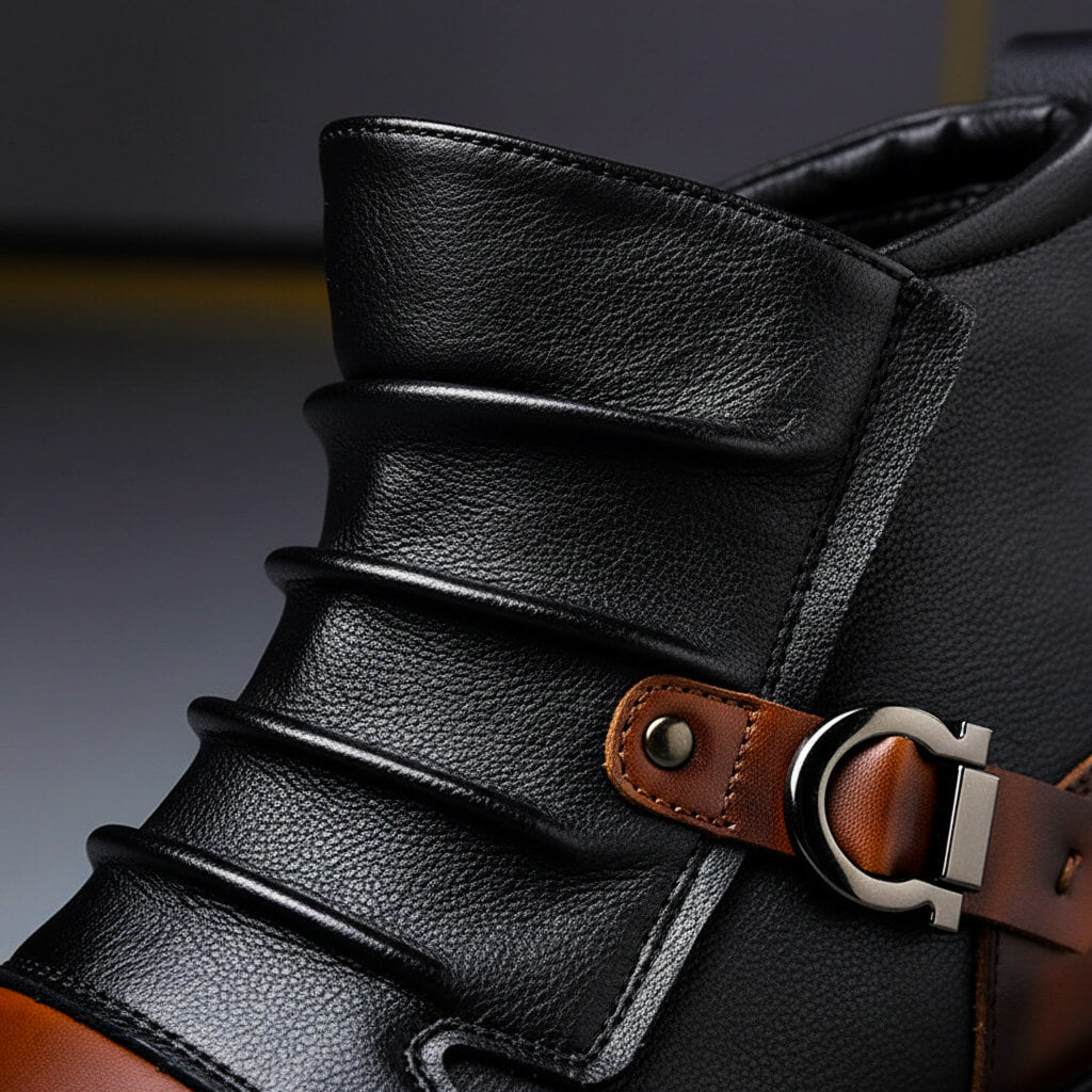 Men's Leather Ankle Boots with Buckle Strap in Cognac Brown