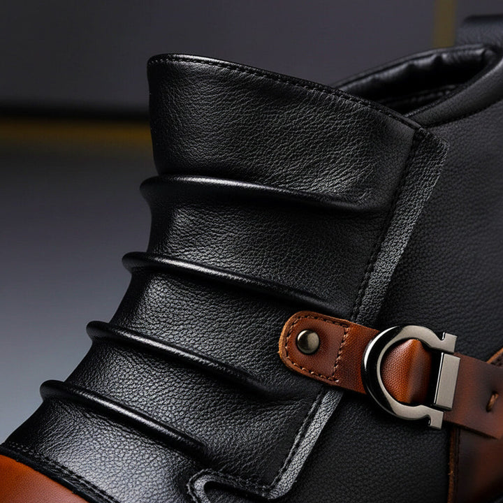 Men's Leather Ankle Boots with Buckle Strap in Cognac Brown