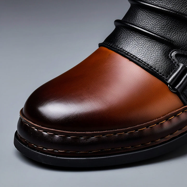 Men's Leather Ankle Boots with Buckle Strap in Cognac Brown