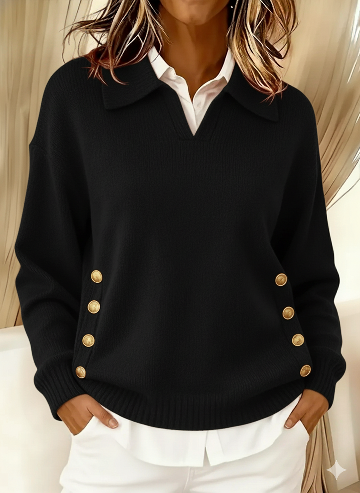 Vynette™ | Women's Collared V Neck Polo Sweater with Button Detail