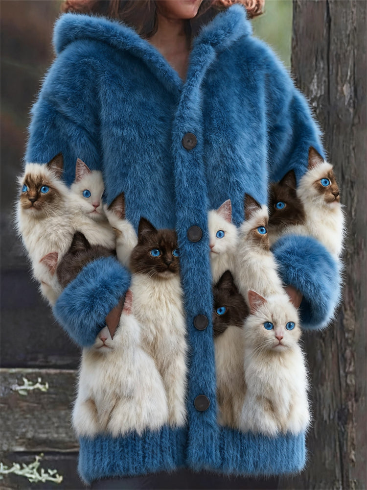 Minette™ | Women's Hooded Plush Cardigan with Cat Motif