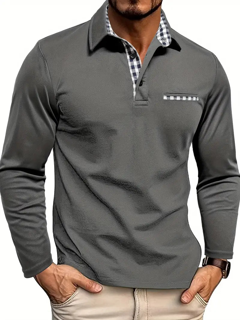 Anselme™ | Men's Long Sleeve Polo Shirt with Gingham Placket