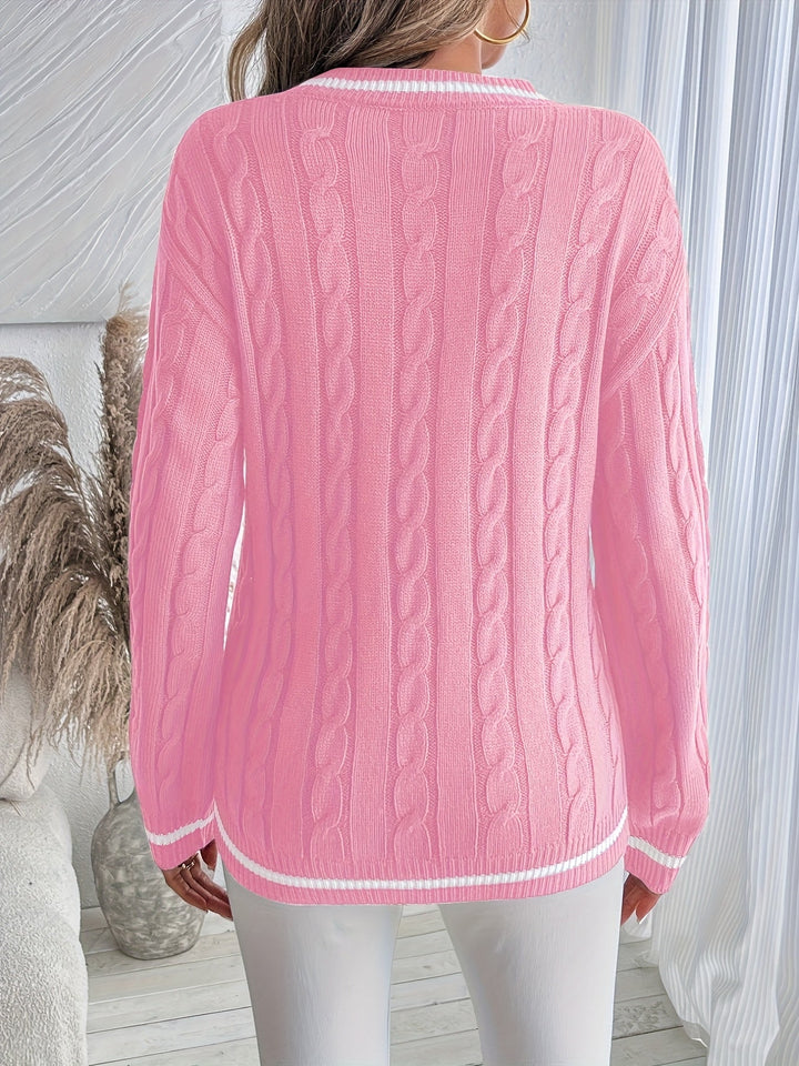 Sidony™ | Women's Cable Knit V Neck Sweater with Striped Trim