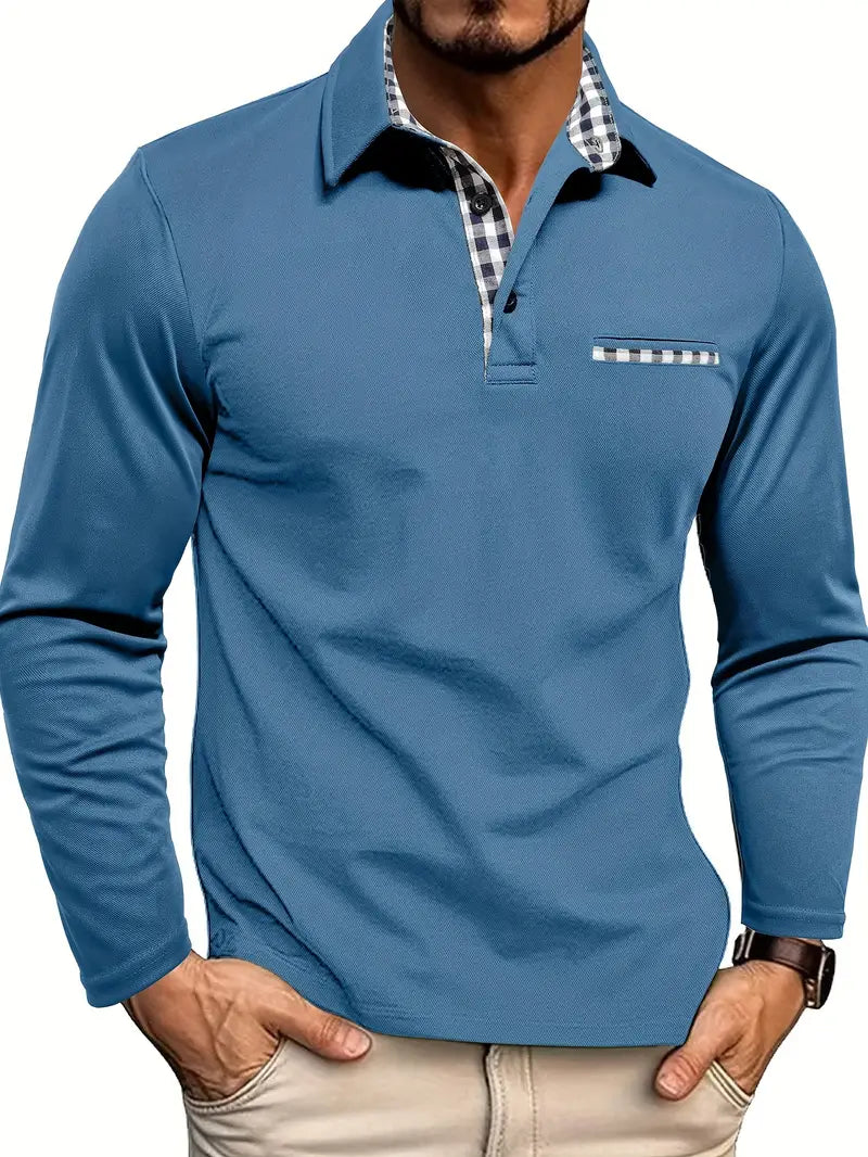 Anselme™ | Men's Long Sleeve Polo Shirt with Gingham Placket