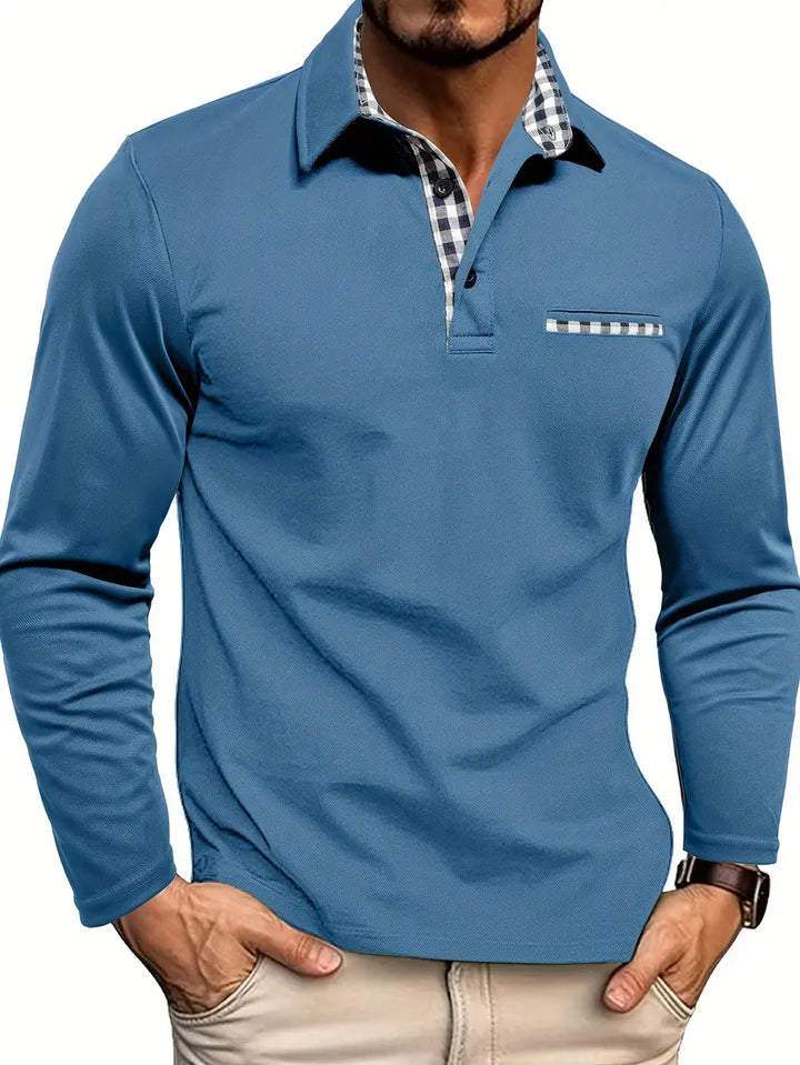 Anselme™ | Men's Long Sleeve Polo Shirt with Gingham Placket