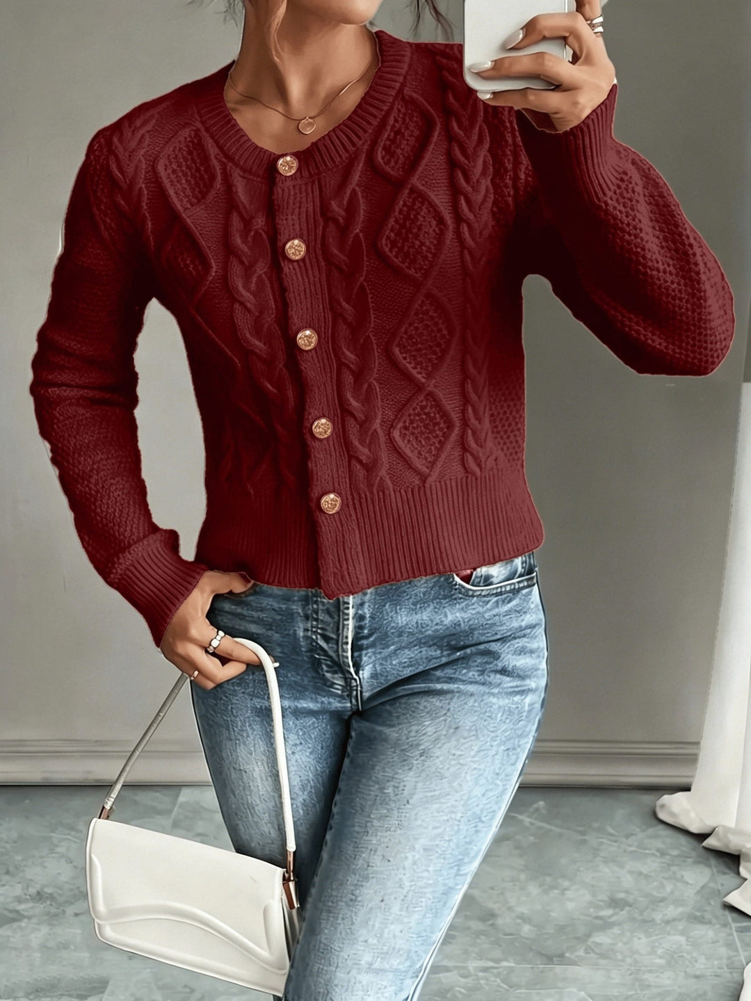 Yolanda™ | Women's Cable Knit Cropped Cardigan with Round Neck