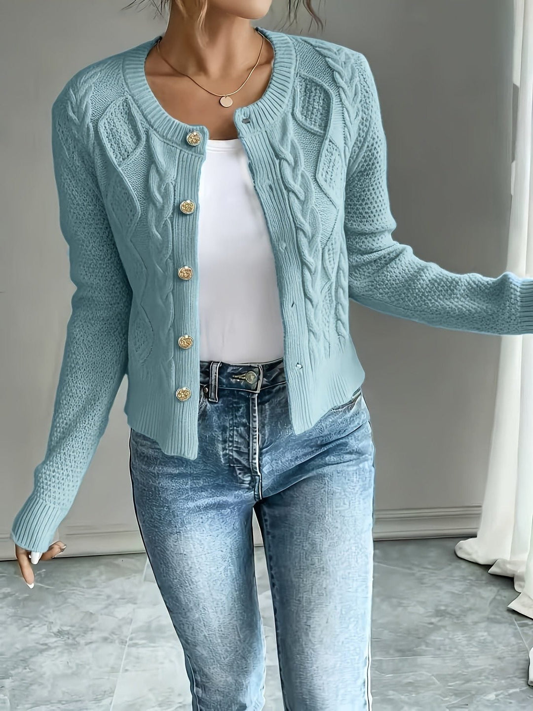 Yolanda™ | Women's Cable Knit Cropped Cardigan with Round Neck