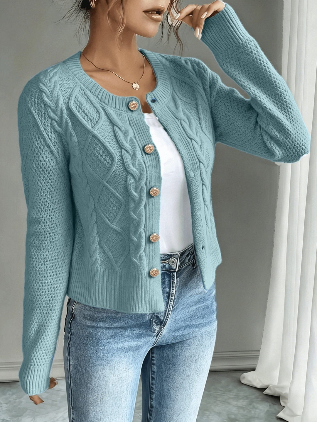 Yolanda™ | Women's Cable Knit Cropped Cardigan with Round Neck