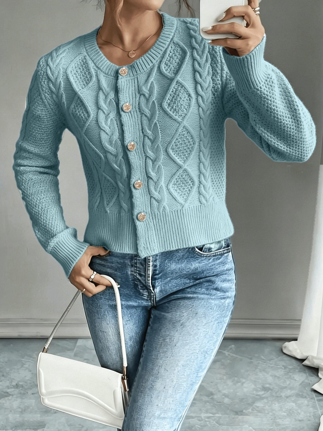 Yolanda™ | Women's Cable Knit Cropped Cardigan with Round Neck