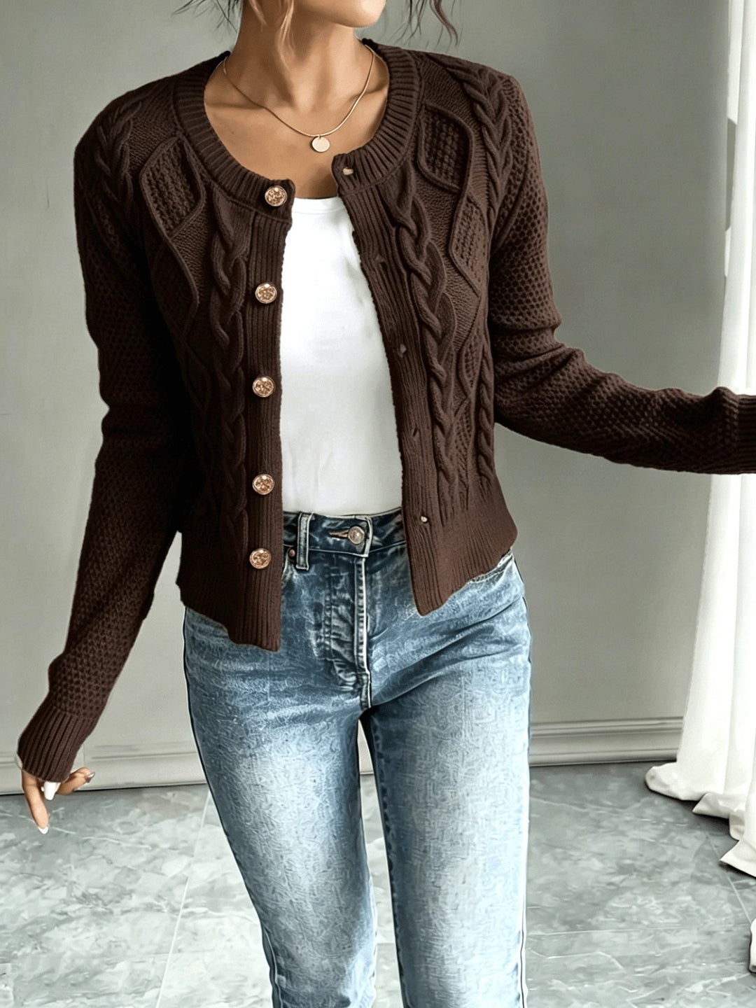 Yolanda™ | Women's Cable Knit Cropped Cardigan with Round Neck