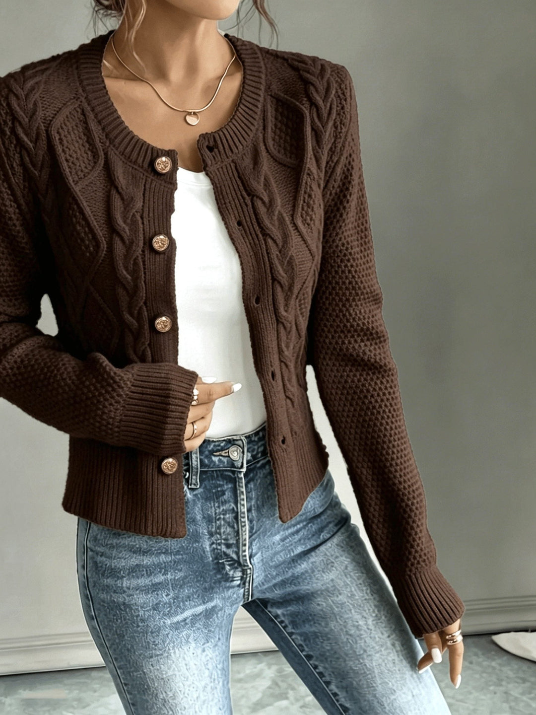 Yolanda™ | Women's Cable Knit Cropped Cardigan with Round Neck