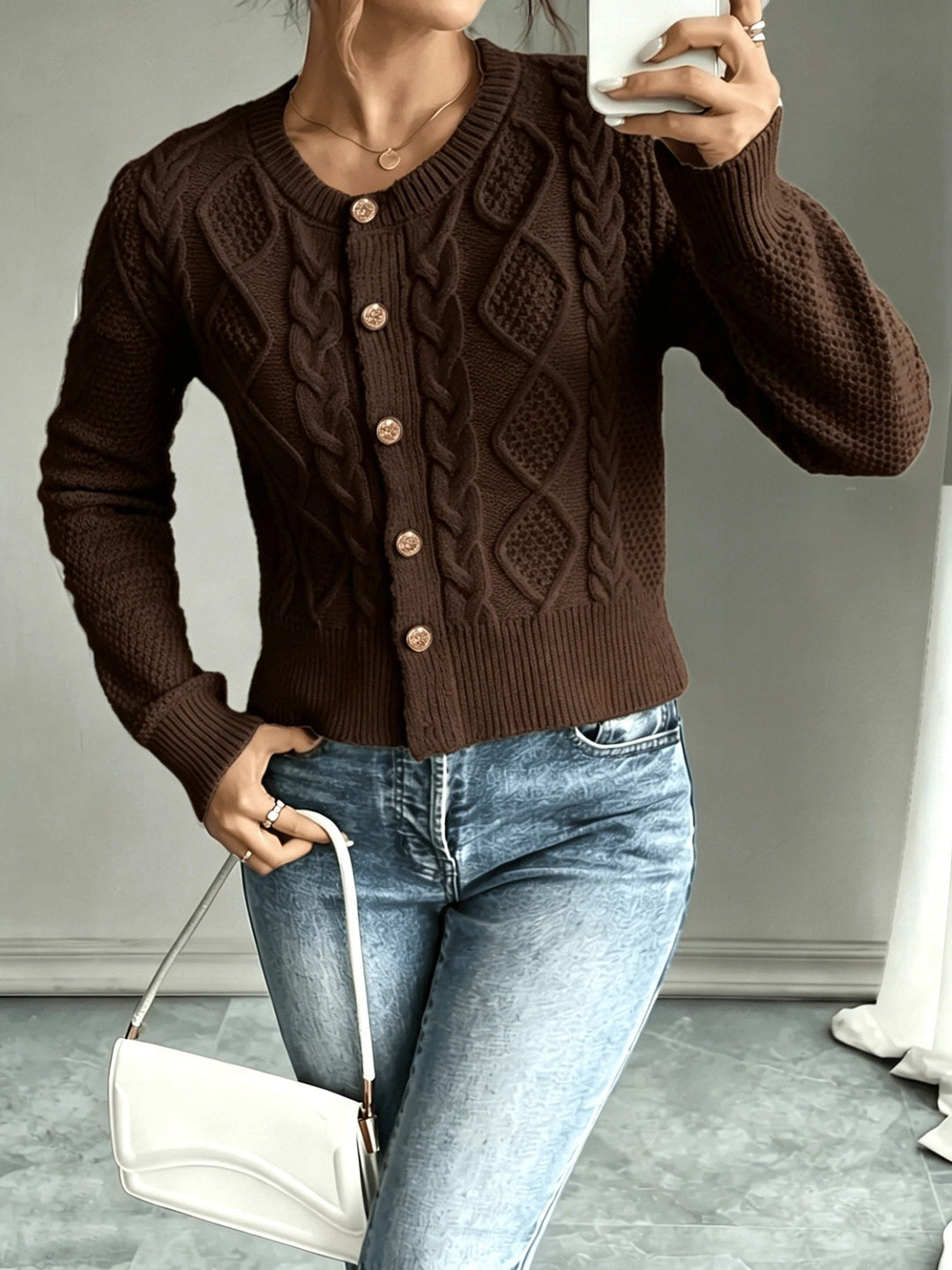 Yolanda™ | Women's Cable Knit Cropped Cardigan with Round Neck