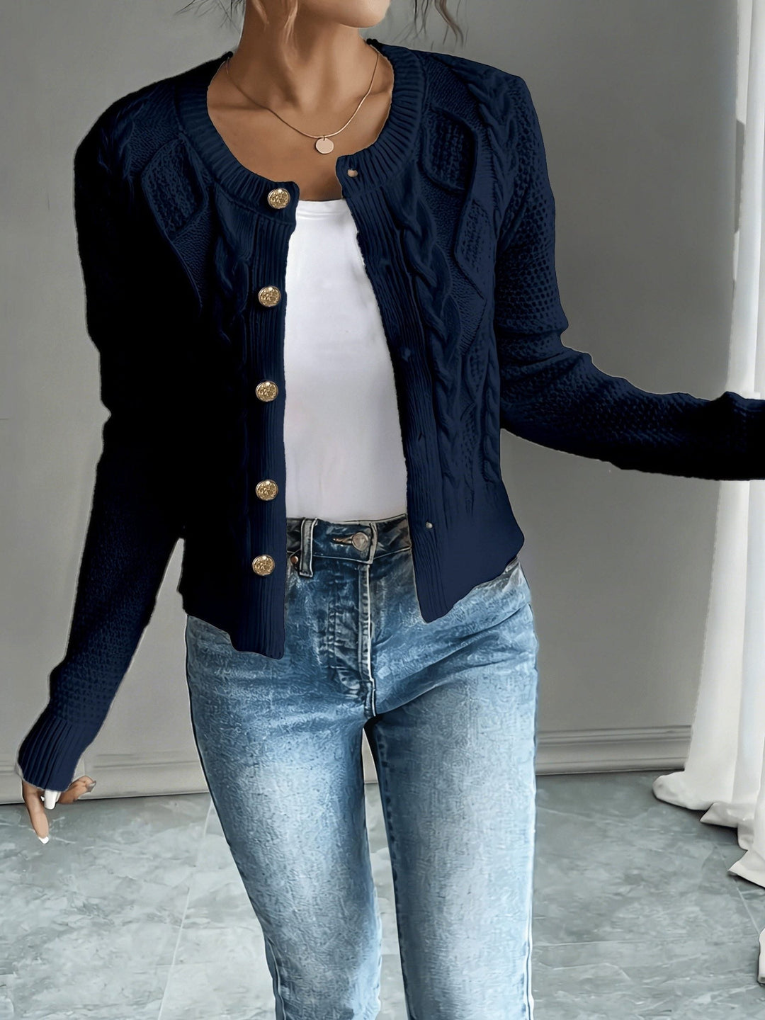 Yolanda™ | Women's Cable Knit Cropped Cardigan with Round Neck