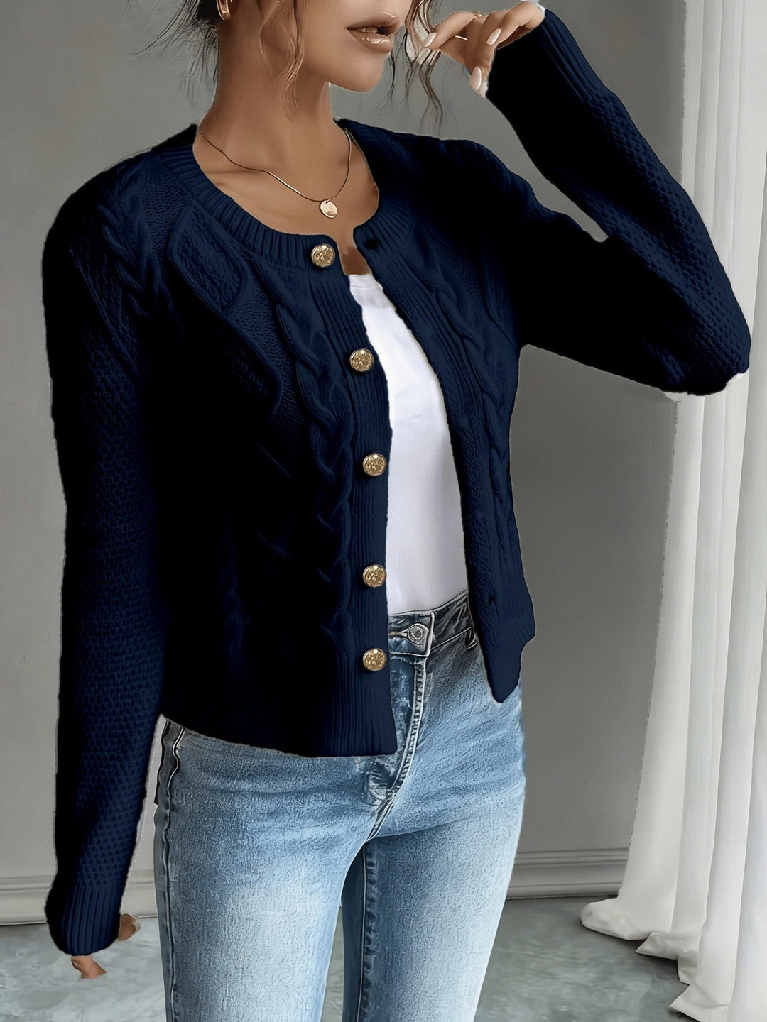 Yolanda™ | Women's Cable Knit Cropped Cardigan with Round Neck