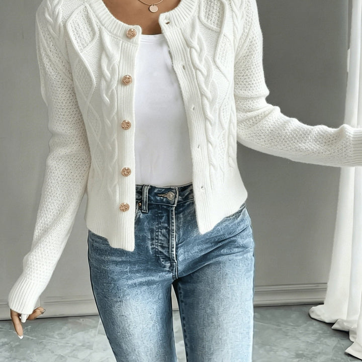 Yolanda™ | Women's Cable Knit Cropped Cardigan with Round Neck
