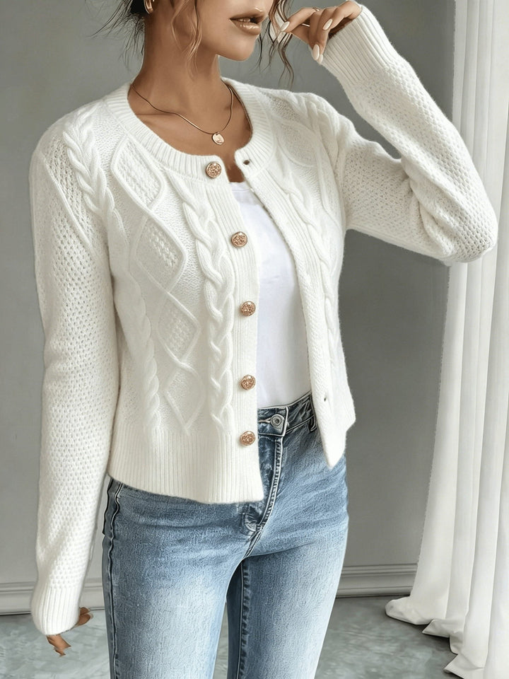 Yolanda™ | Women's Cable Knit Cropped Cardigan with Round Neck