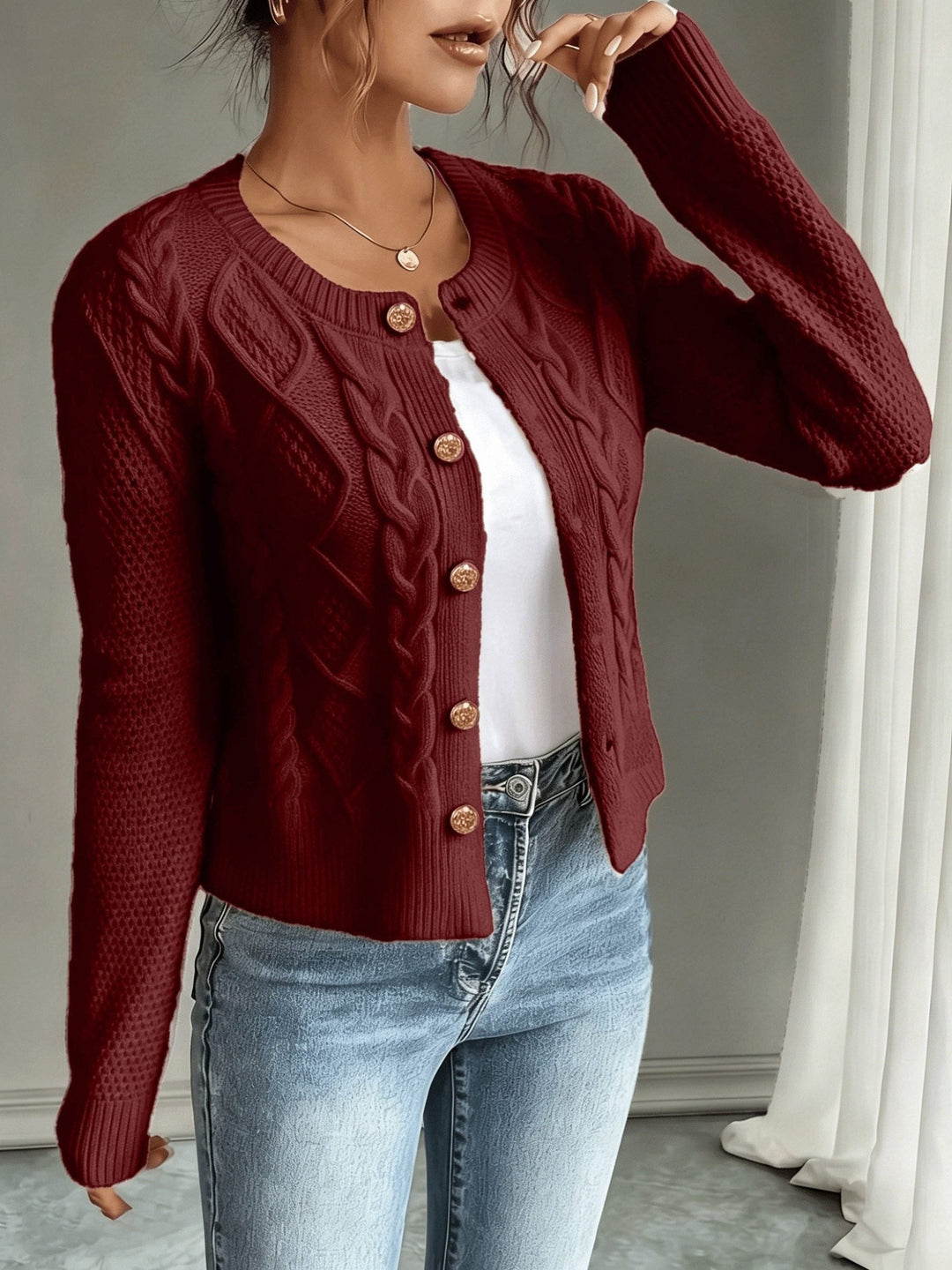 Yolanda™ | Women's Cable Knit Cropped Cardigan with Round Neck