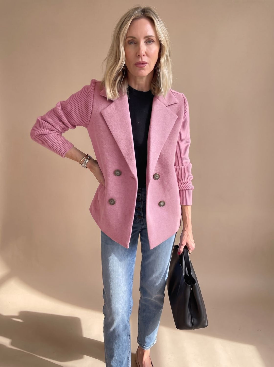 Monique™ | Women's Double Breasted Blazer with Ribbed Knit Sleeves