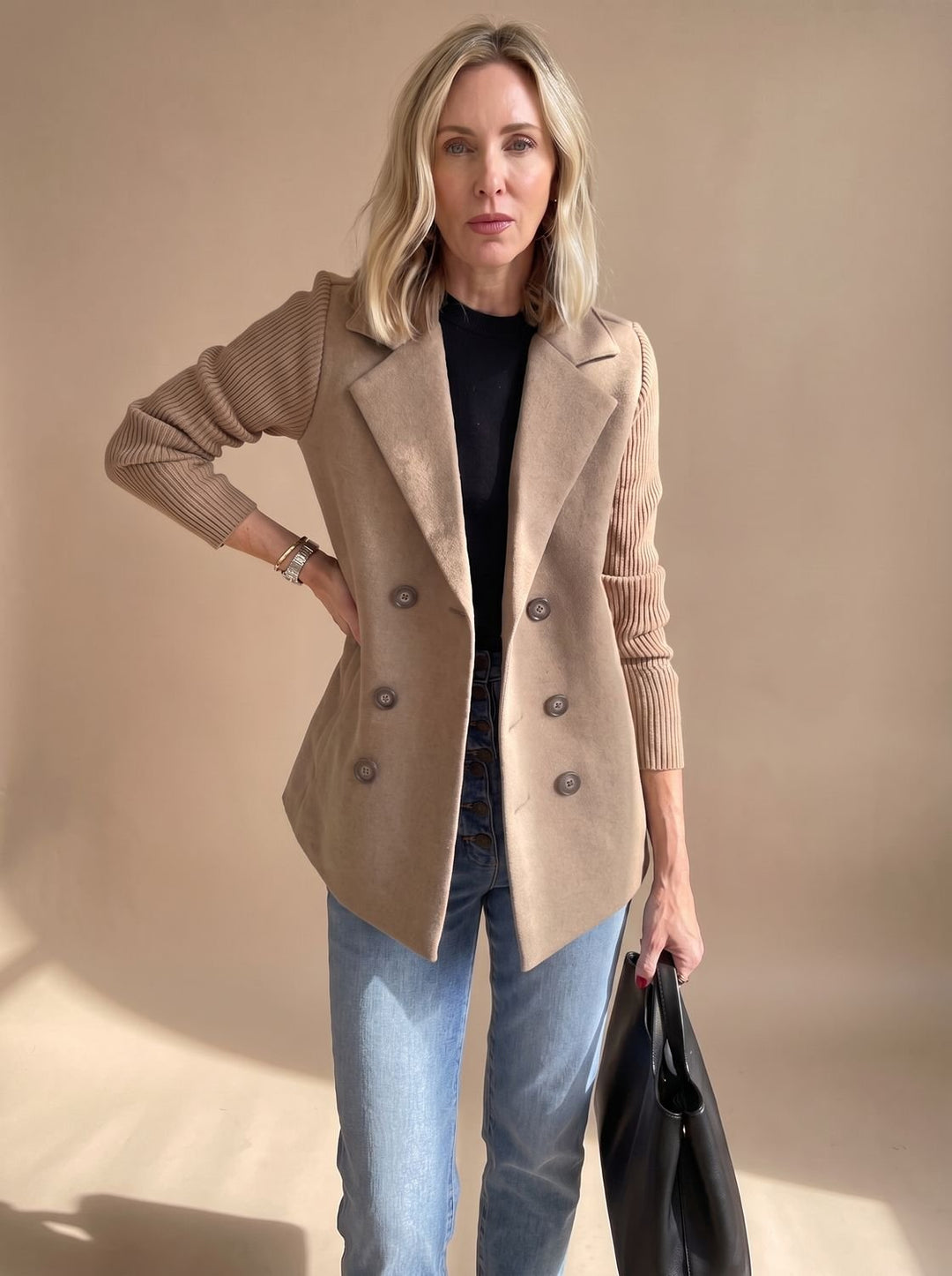 Monique™ | Women's Double Breasted Blazer with Ribbed Knit Sleeves