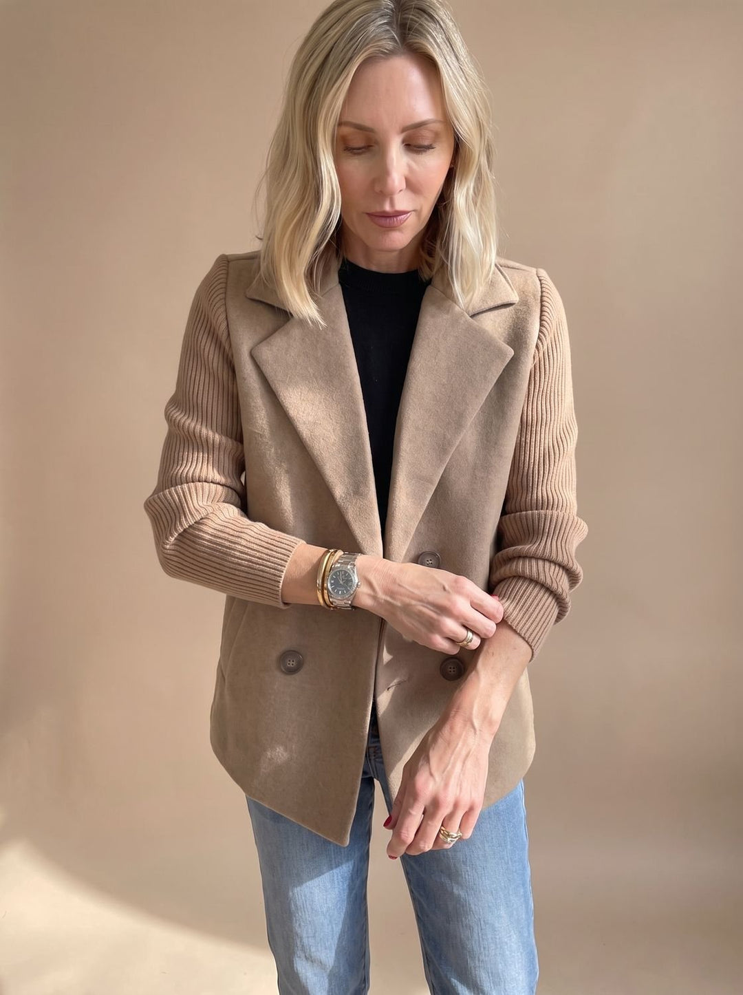 Monique™ | Women's Double Breasted Blazer with Ribbed Knit Sleeves
