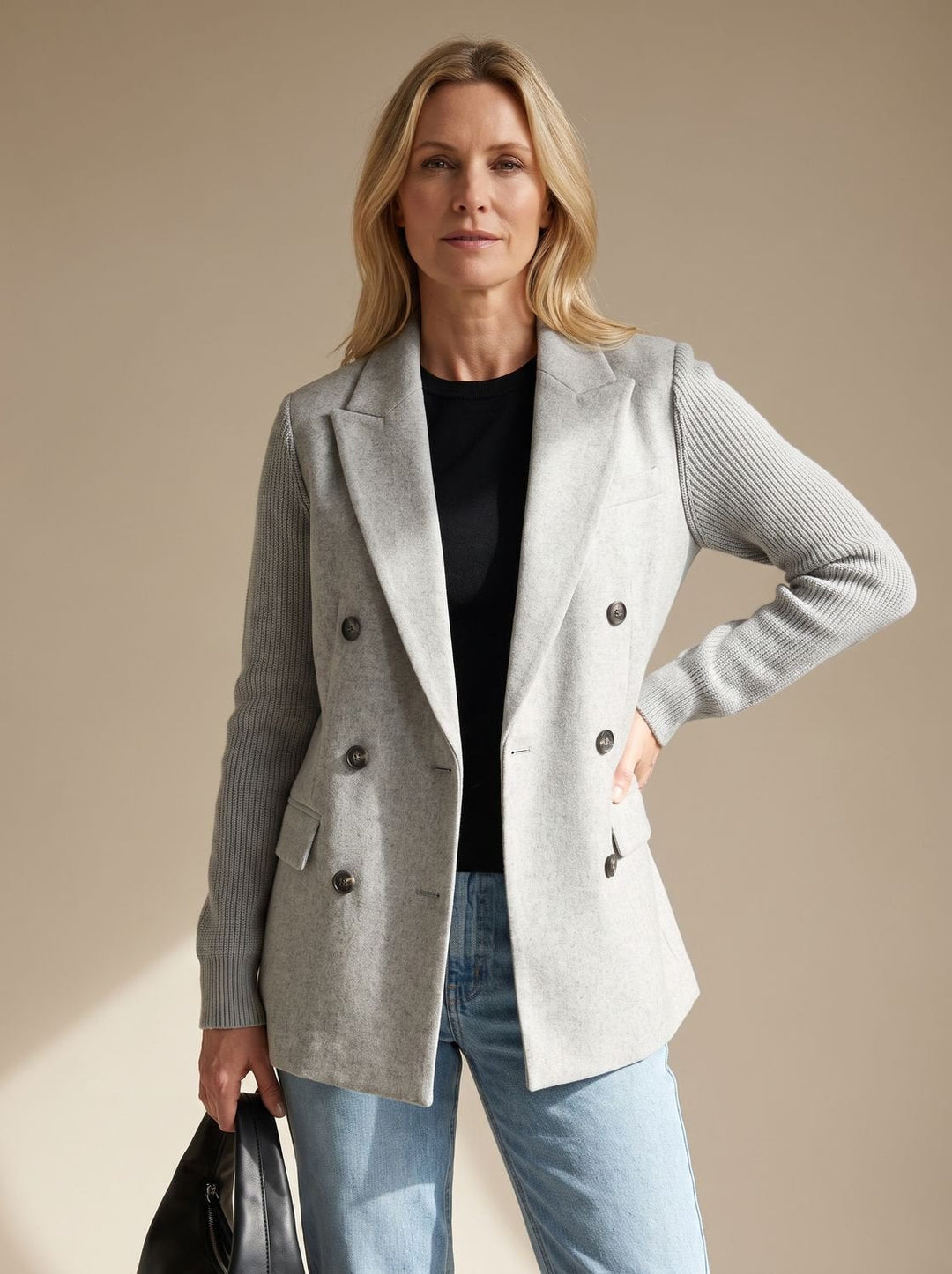 Monique™ | Women's Double Breasted Blazer with Ribbed Knit Sleeves