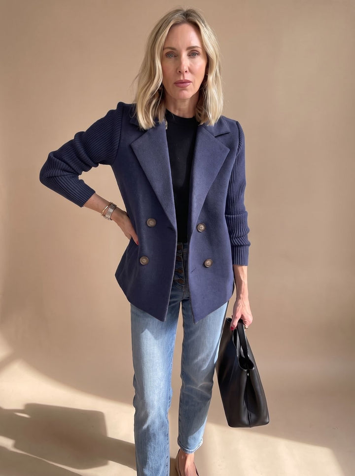 Monique™ | Women's Double Breasted Blazer with Ribbed Knit Sleeves