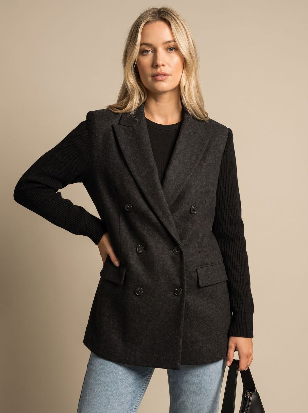 Monique™ | Women's Double Breasted Blazer with Ribbed Knit Sleeves