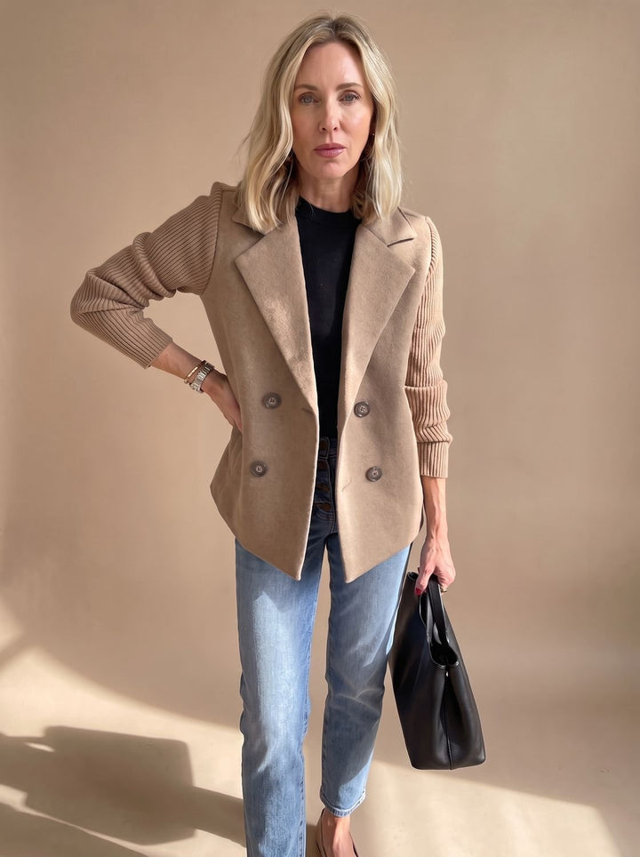 Monique™ | Women's Double Breasted Blazer with Ribbed Knit Sleeves