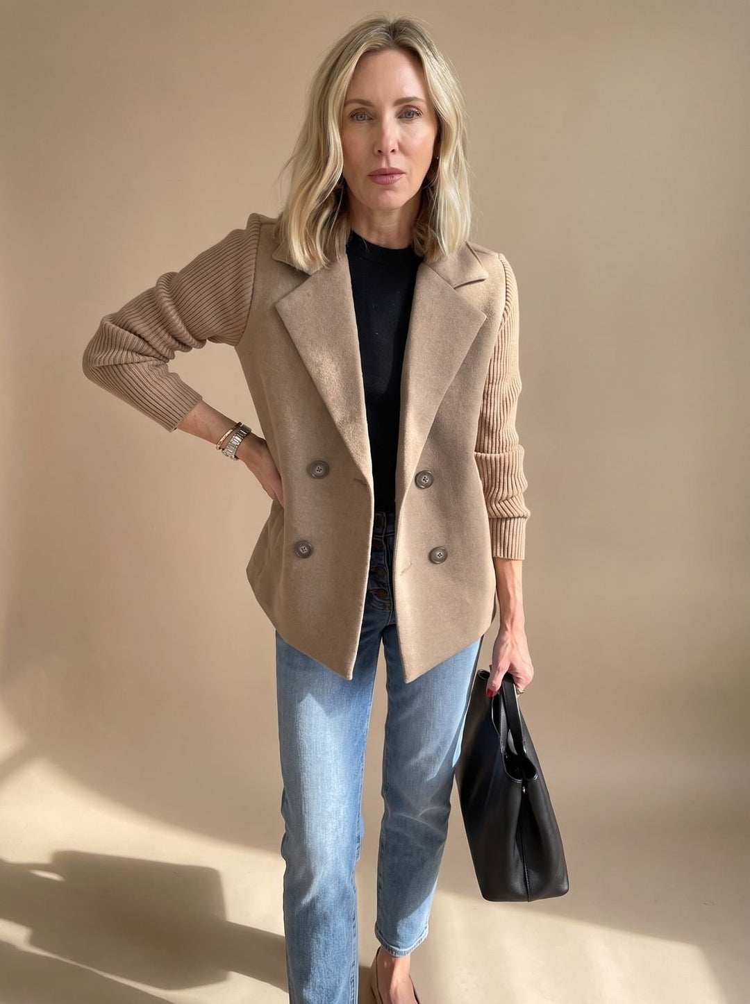 Monique™ | Women's Double Breasted Blazer with Ribbed Knit Sleeves