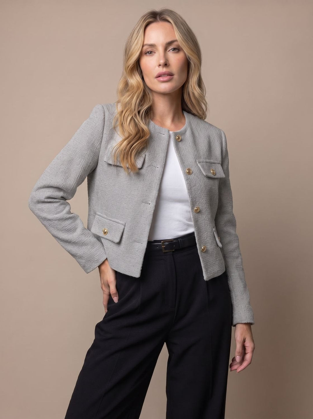 Charline™ | Women's Cropped Tweed Blazer with Gold Buttons