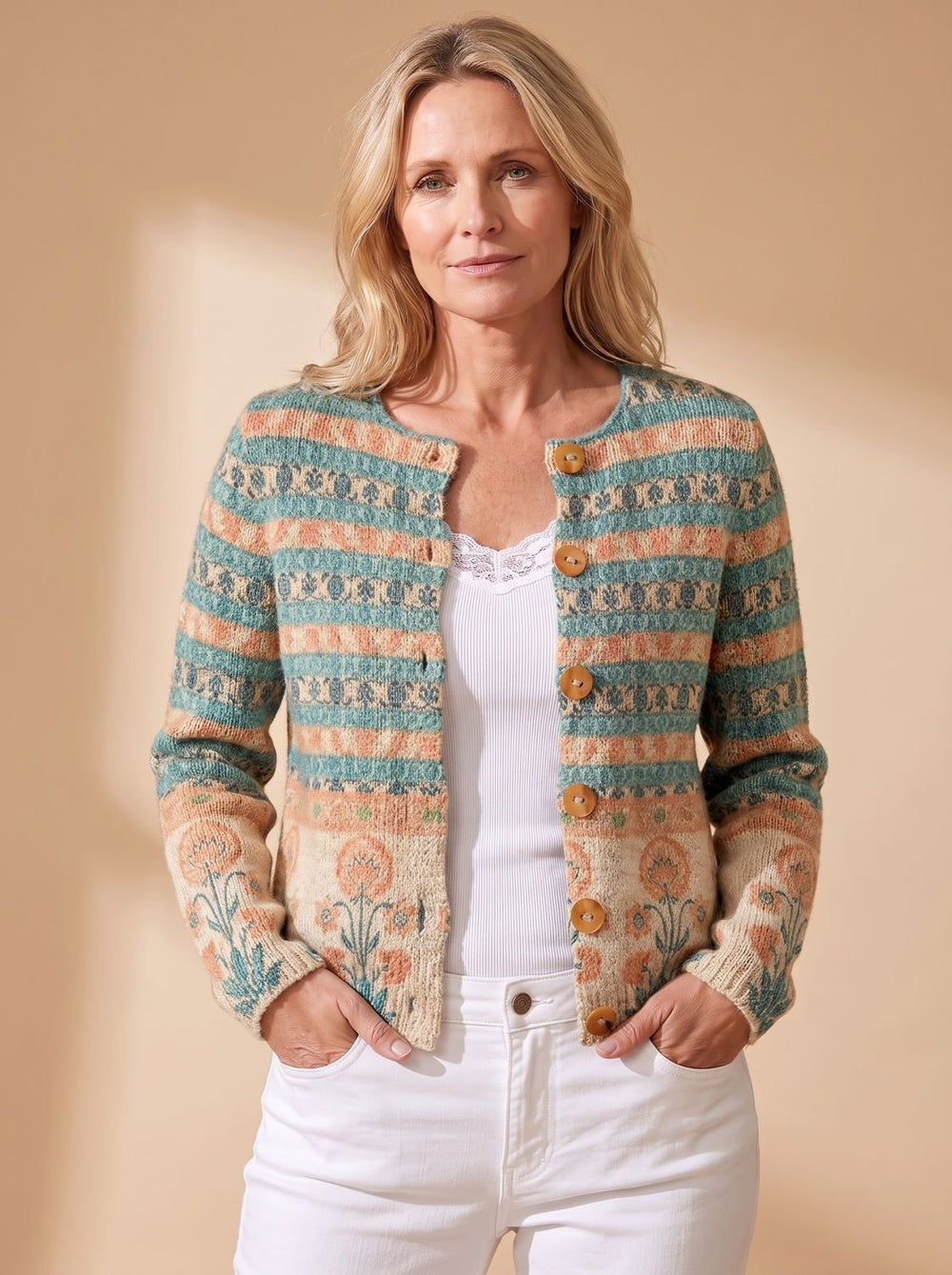 Paulette™ | Women's Floral Knit Cardigan with Button Front and Crew Neck