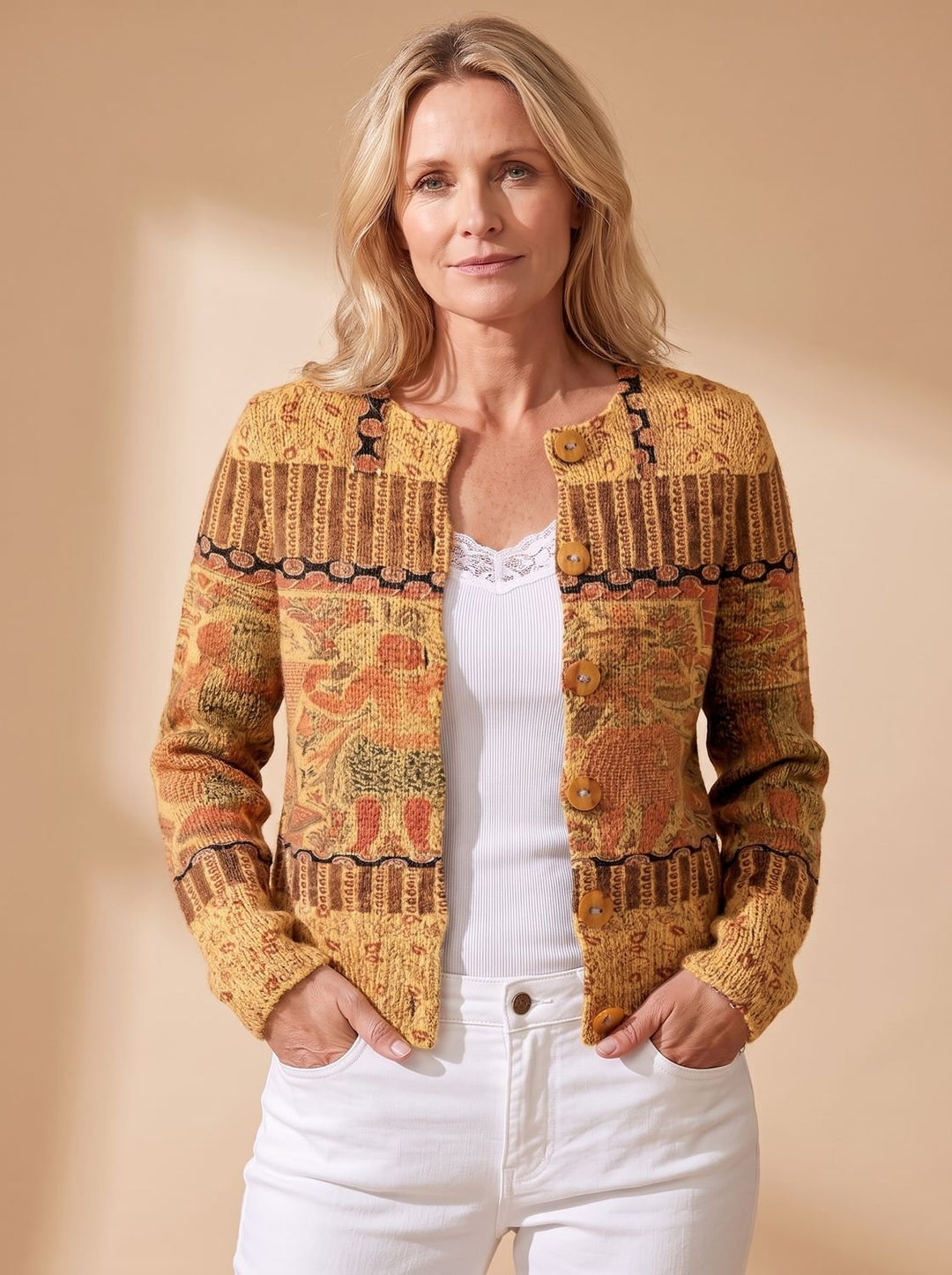 Paulette™ | Women's Floral Knit Cardigan with Button Front and Crew Neck